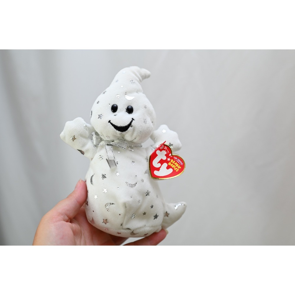 Ty Beanie Babies Vanish the Ghost 2007 Halloween Plush White Silver Stars 7.5"